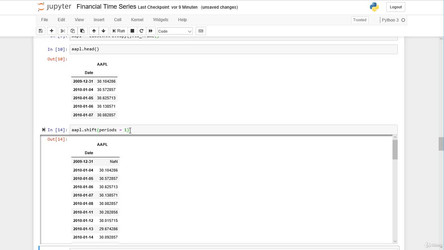 AlgorithmicTradingA-ZwithPythonandMachineLearning.18.11/10. Financial Data Analysis with Pandas  - an Introduction/5. The shift() method.mp4