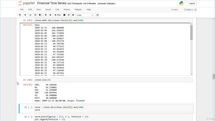 AlgorithmicTradingA-ZwithPythonandMachineLearning.18.11/10. Financial Data Analysis with Pandas  - an Introduction/4. Normalizing Time Series to a Base Value (100).mp4